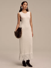 Fringe Hem Sleeveless Knit Maxi Dress