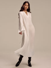 Metal Collar Pleated Long-Sleeve Maxi Dress