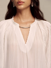 Metal Collar Pleated Long-Sleeve Maxi Dress