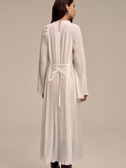 Metal Collar Pleated Long-Sleeve Maxi Dress