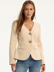 Linen & Cotton V-Neck Metal Button Blazer