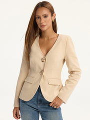 Linen & Cotton V-Neck Metal Button Blazer