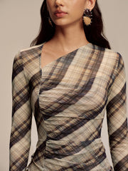 Semi-Sheer Mesh Asymmetric Ruched Blouse