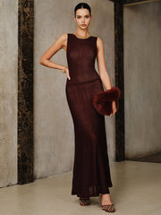 Mesh Panel Ribbed Knit Maxi Dress Set with Liner