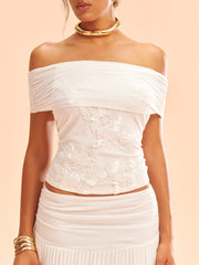 Mesh Off-Shoulder Floral Applique Blouse