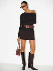 Off-Shoulder Long-Sleeve Knit Top with Belt