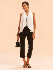 Color-Block Halter Neck Backless Button Top