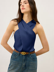Satin Cross-Over Collar Tank Top