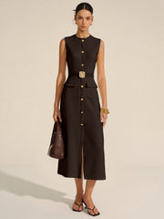Button-Front Belted Maxi Dress