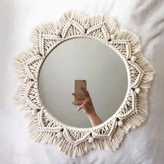 Macrame Decorative Wall Mirror Boho Home Decor Makeup Aesthetic Mirrors Living Room Bedroom Christmas Wedding Decoration Gift