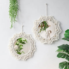Macrame Decorative Wall Mirror Boho Home Decor Makeup Aesthetic Mirrors Living Room Bedroom Christmas Wedding Decoration Gift