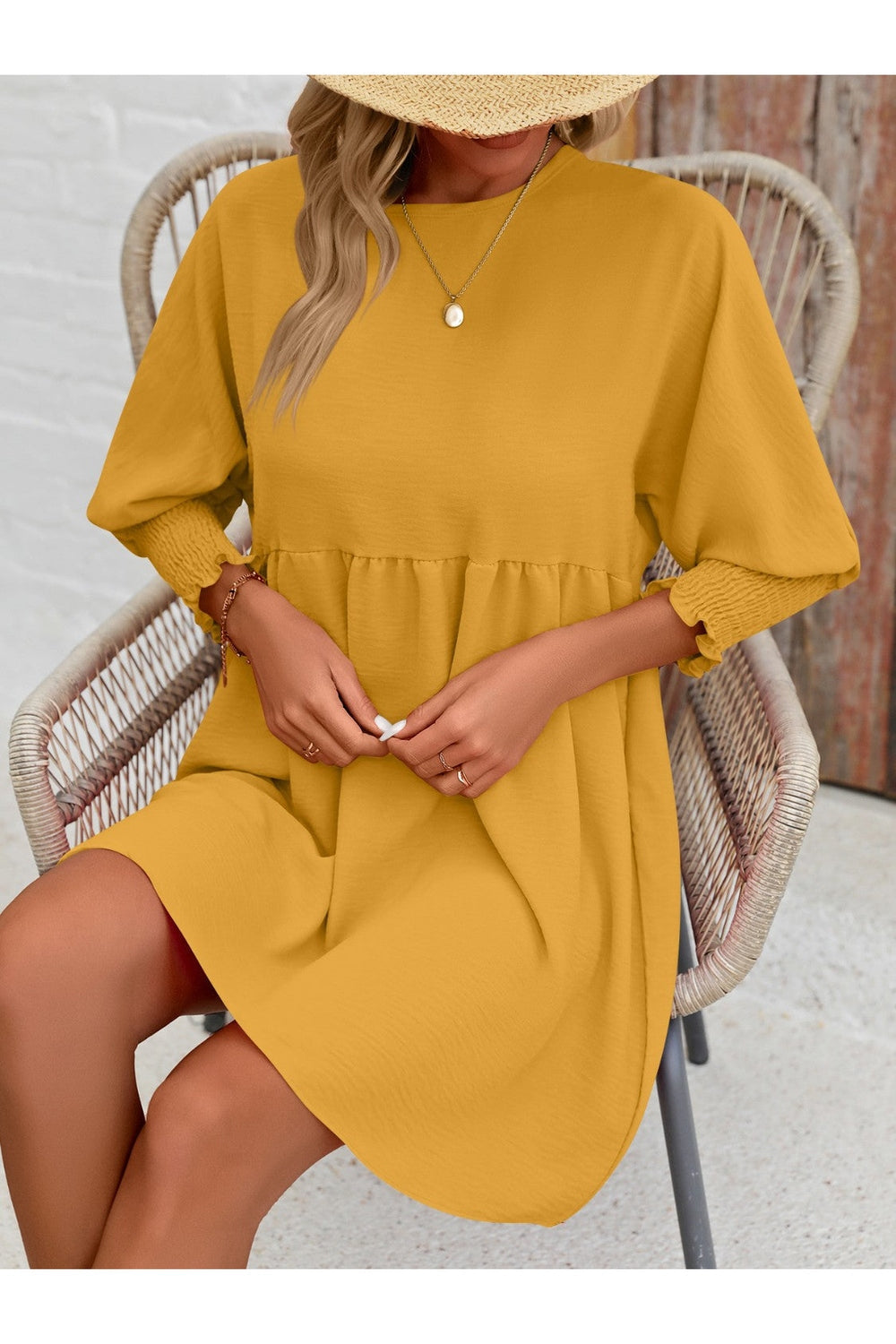 Round Neck Lantern Sleeve Mini Dress