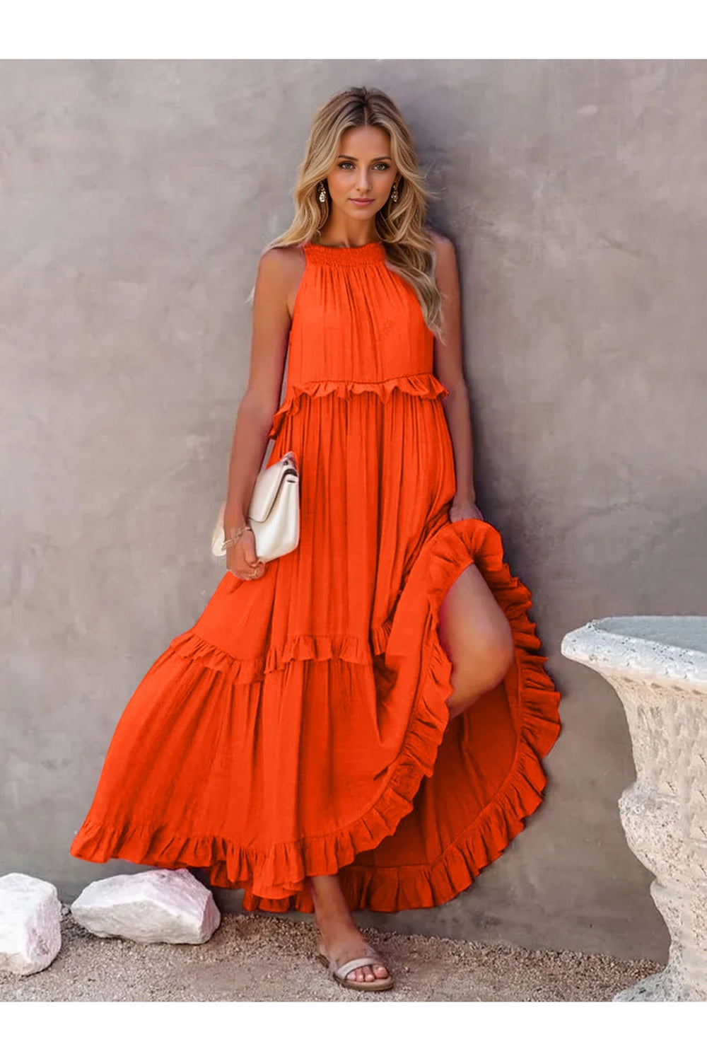 Ruffled Sleeveless Tiered Maxi Dress with Pockets