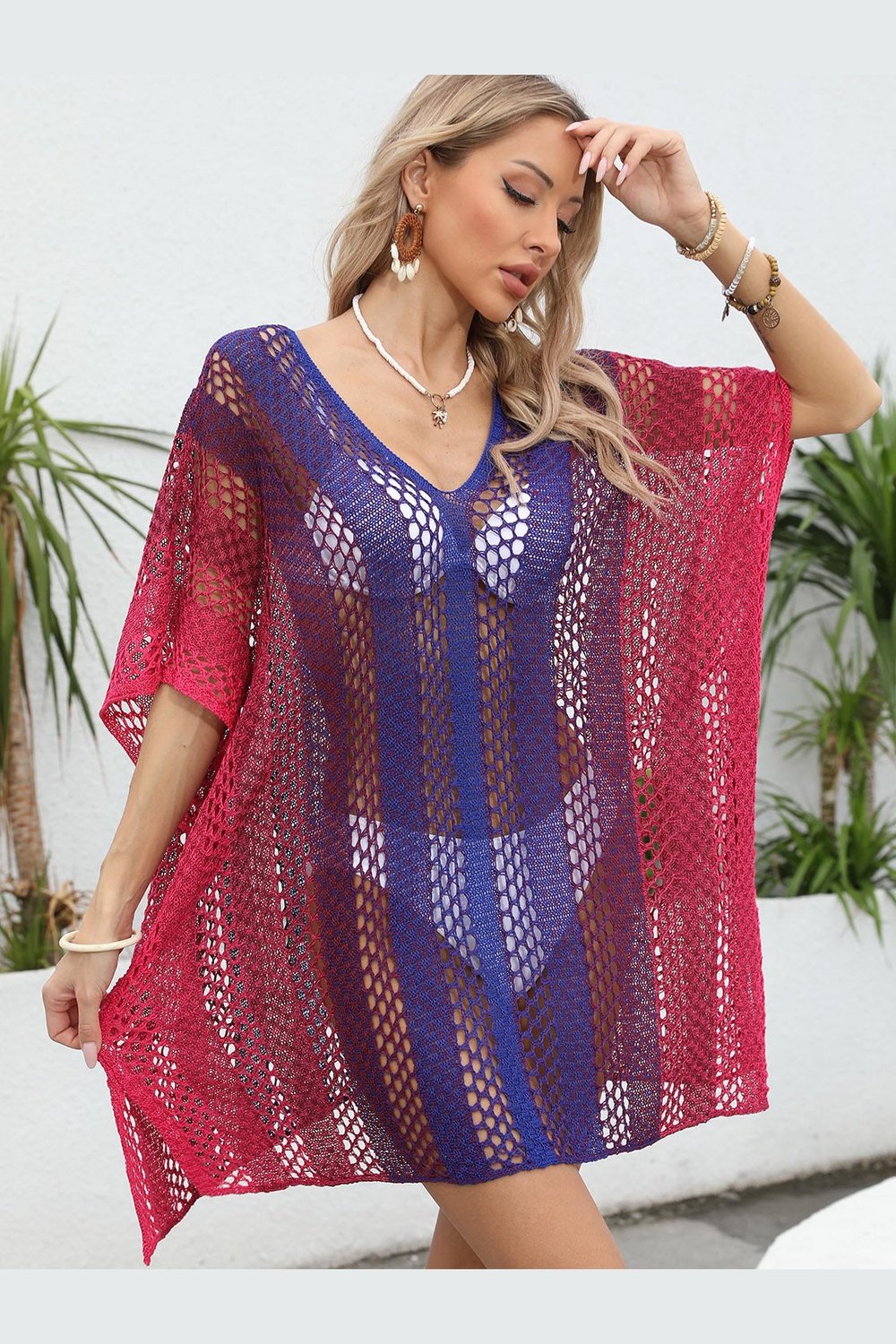 Openwork Contrast V-Neck Cover-Up