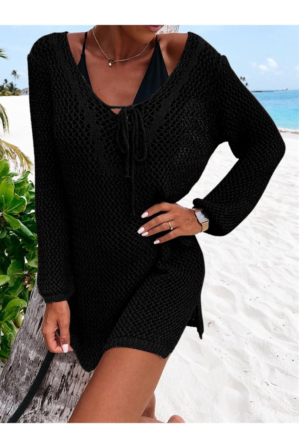 Openwork Tie Neck Cover-Up