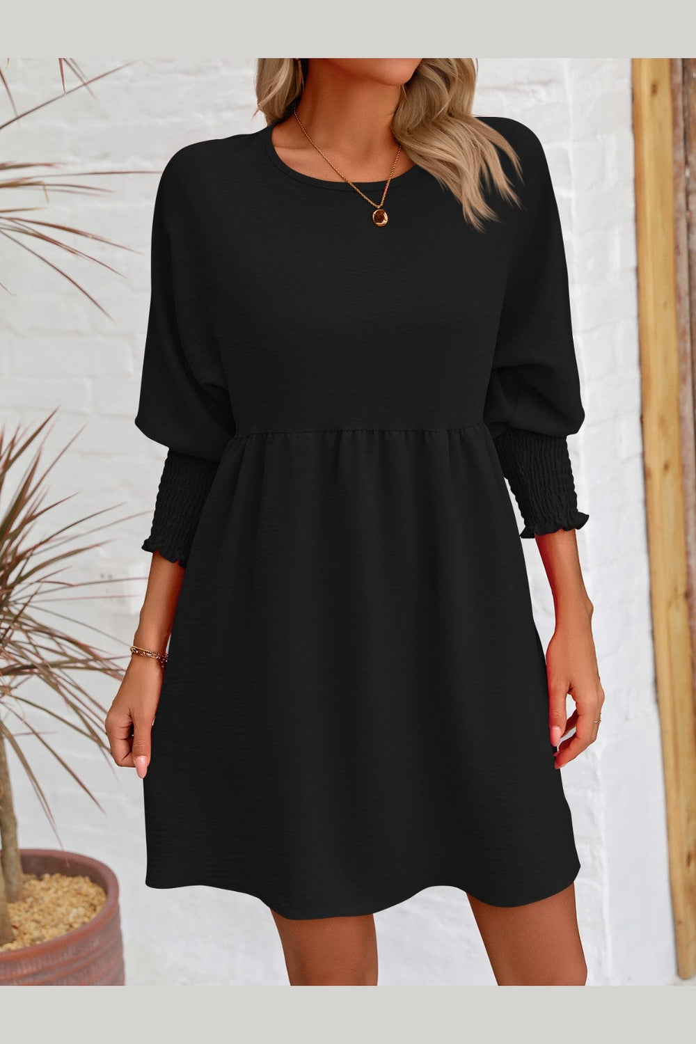 Round Neck Lantern Sleeve Mini Dress