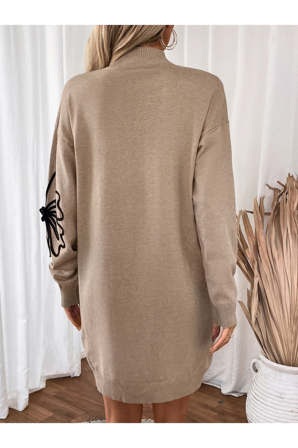 Perfee Flower Mock Neck Long Sleeve Sweater Dress