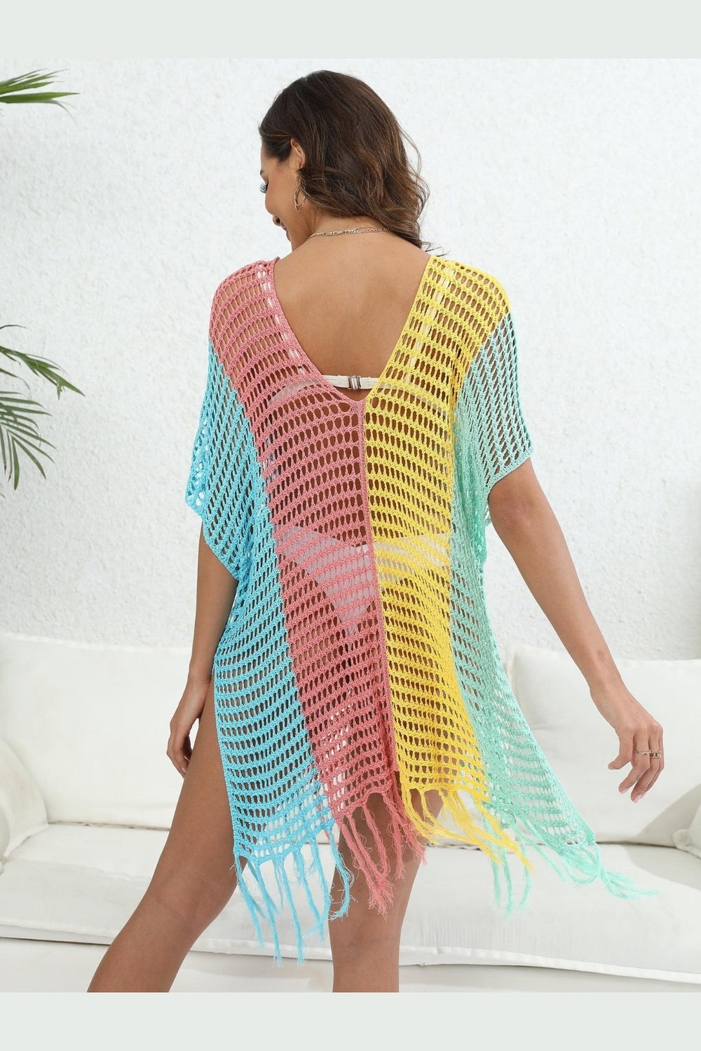 Fringe Color Block Scoop Neck Cover Up