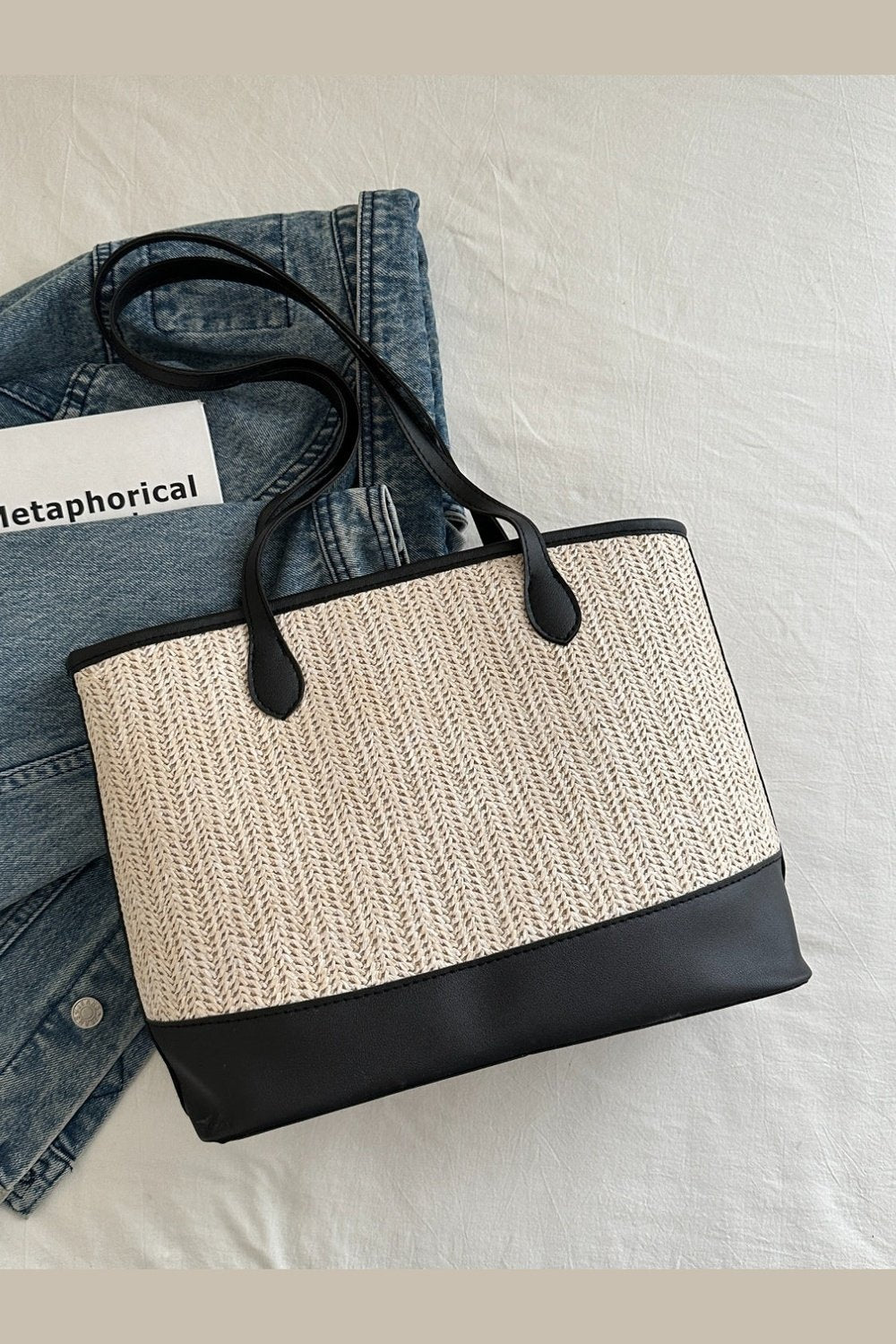 Contrast Straw Woven Tote Bag