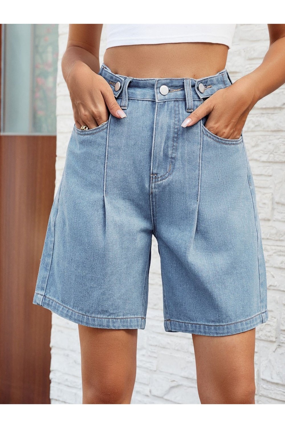 High Waist Denim Shorts with Pockets