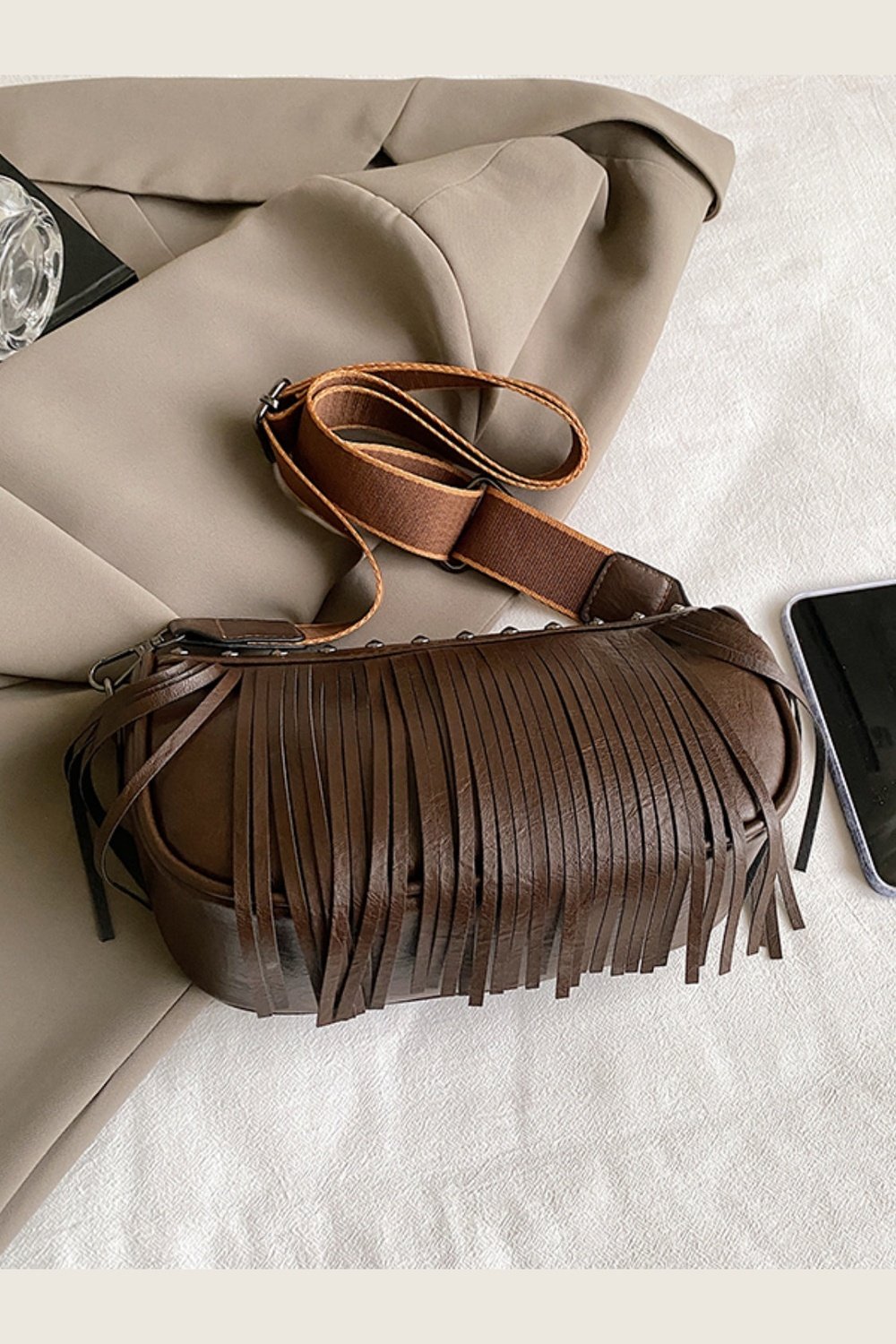 PU Leather Fringe Studded Crossbody Bag