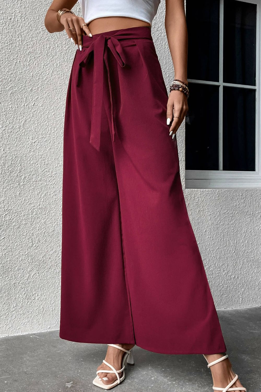 Perfee Tie Front Wide Leg Pants