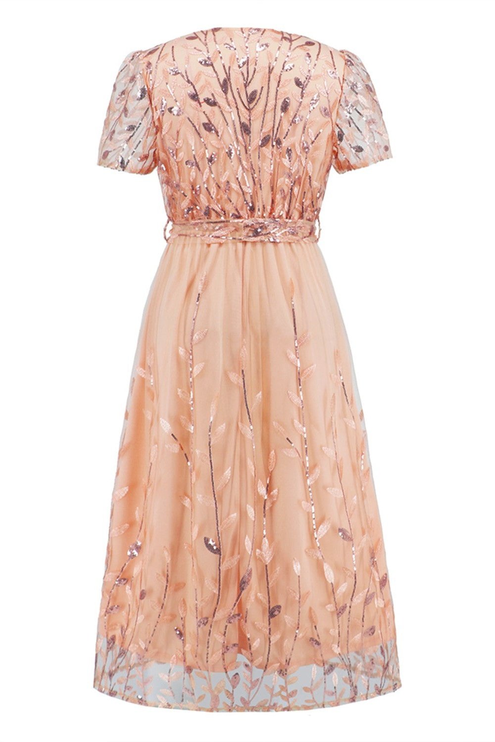 Sequin Leaf Embroidery Tie Front Short Sleeve Dress