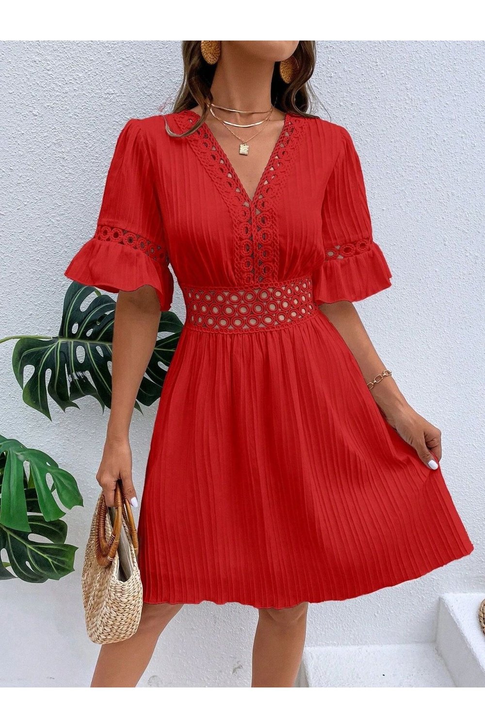 Cutout V-Neck Flounce Sleeve Mini Dress