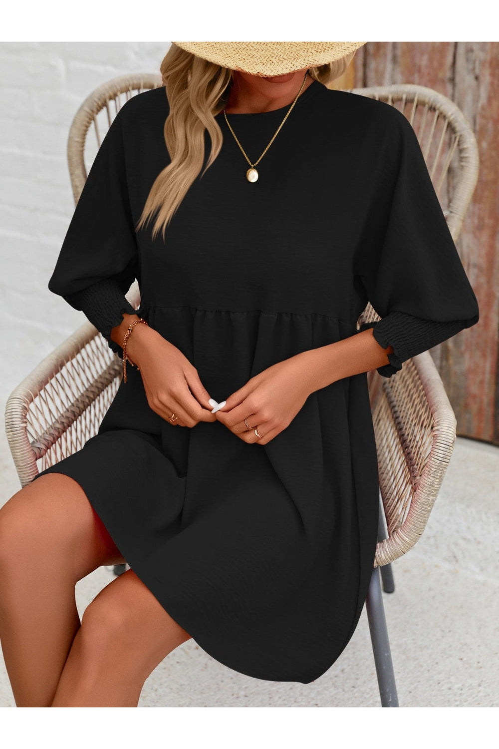 Round Neck Lantern Sleeve Mini Dress