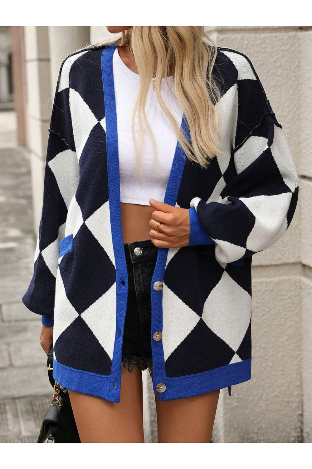 Checkered Dropped Shoulder Long Sleeve Cardigan