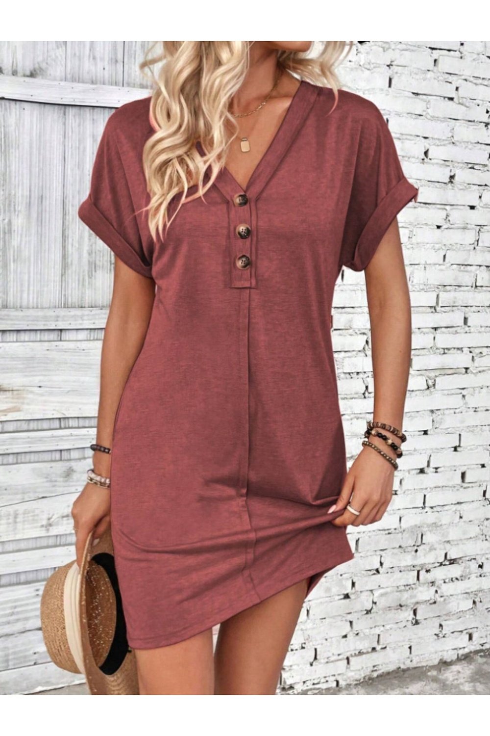 Quarter Button V-Neck Short Sleeve Dress