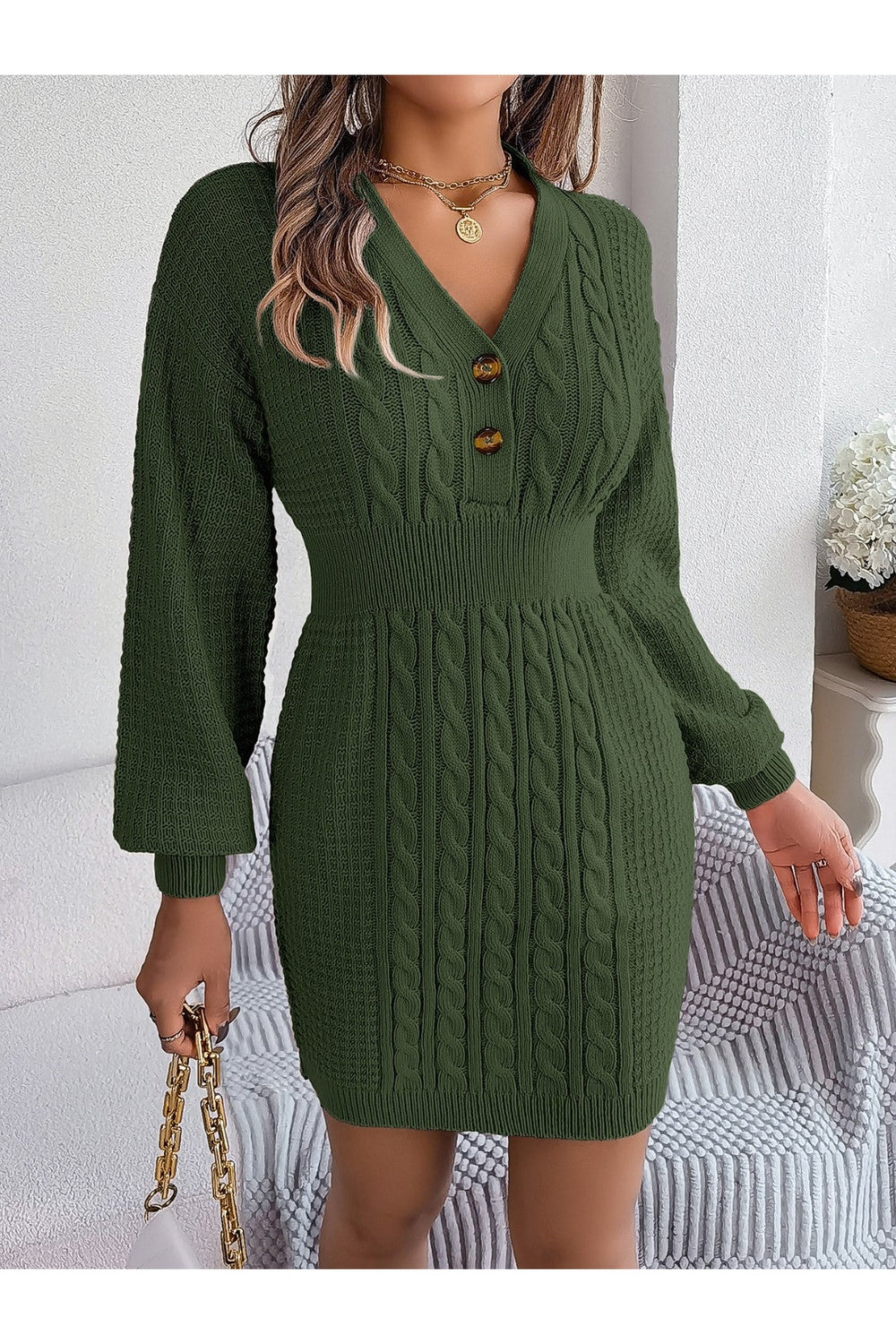 Buttoned Cable-Knit V-Neck Sweater Dress