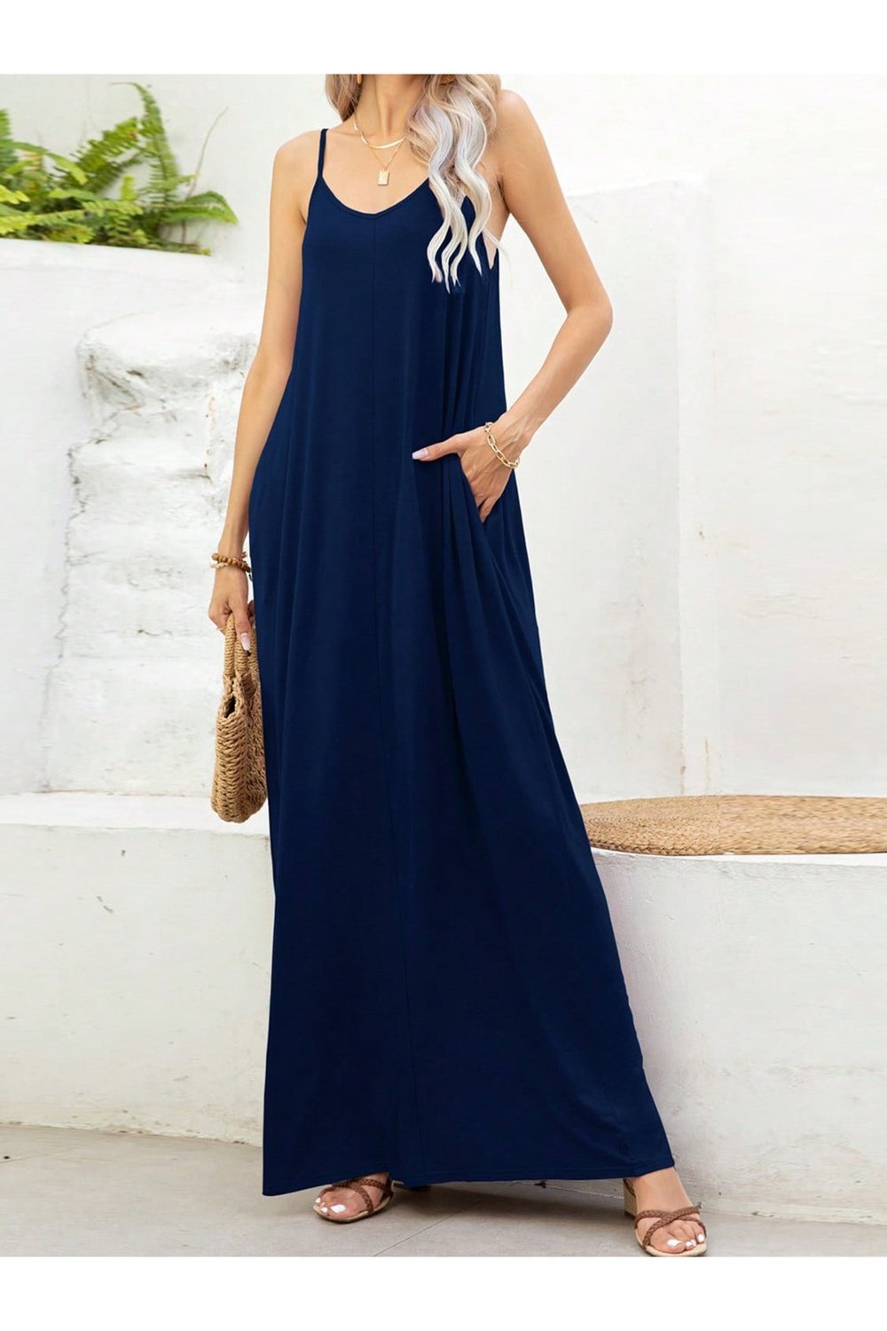 V-Neck Maxi Cami Dress with Pockets