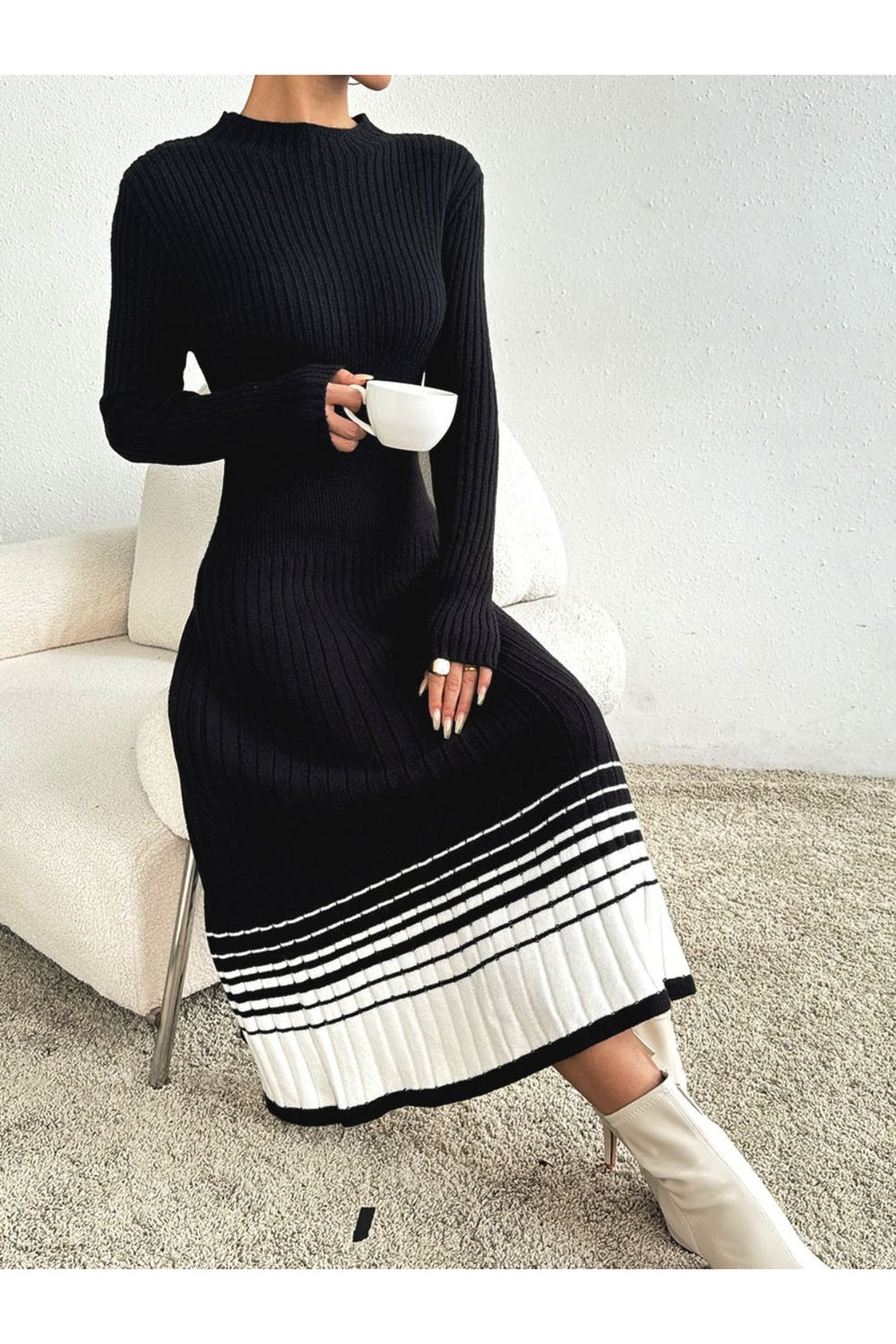 Contrast Mock Neck Long Sleeve Sweater Dress