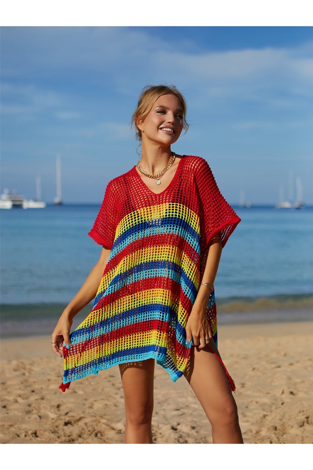 Cutout Striped Cover-Up with Tassel