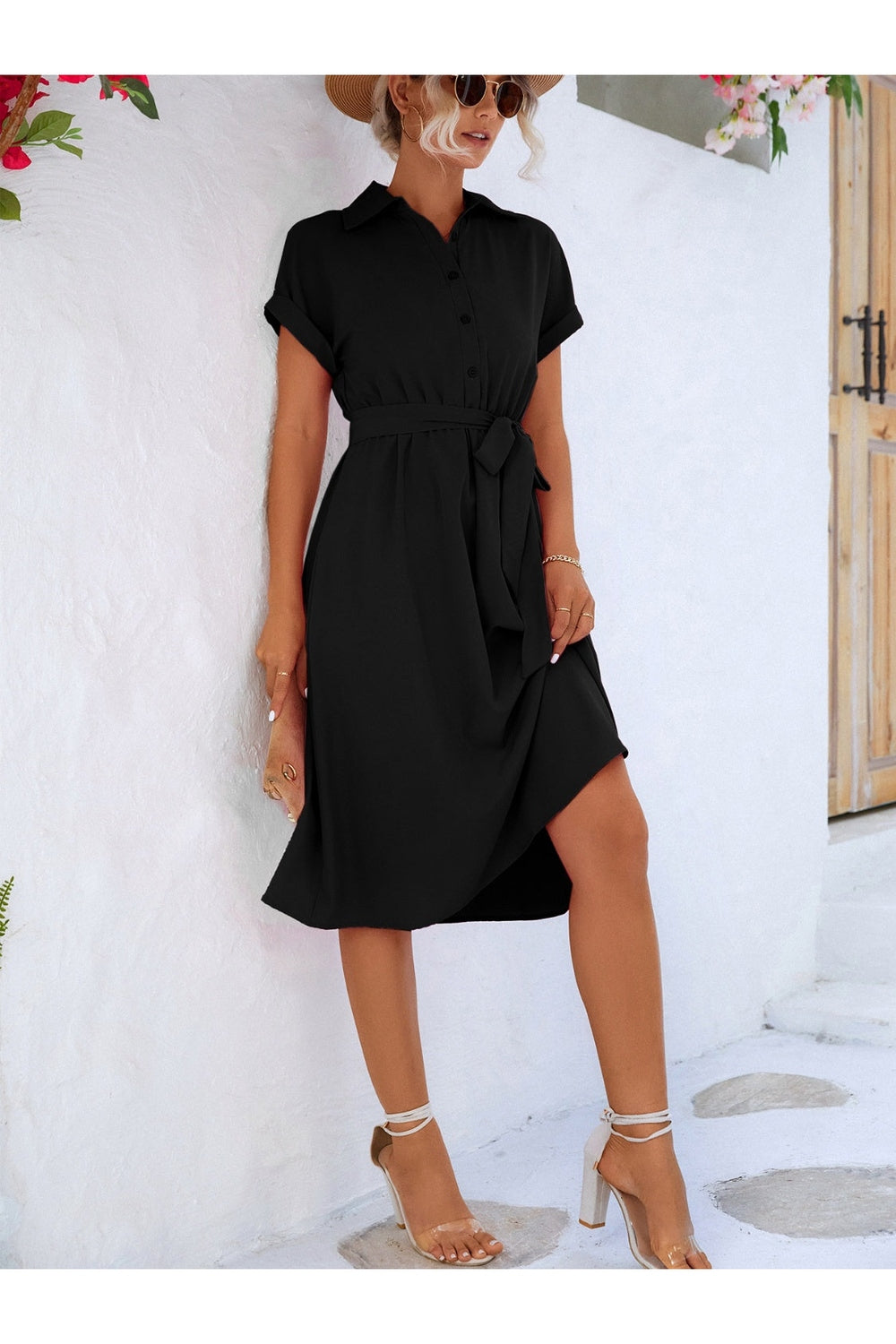 Buttoned Tie Waist Short Sleeve Dress