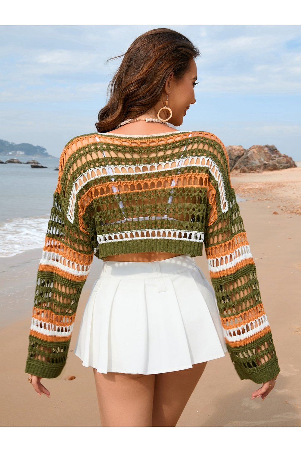 Openwork Boat Neck Dropped Shoulder Cover-Up