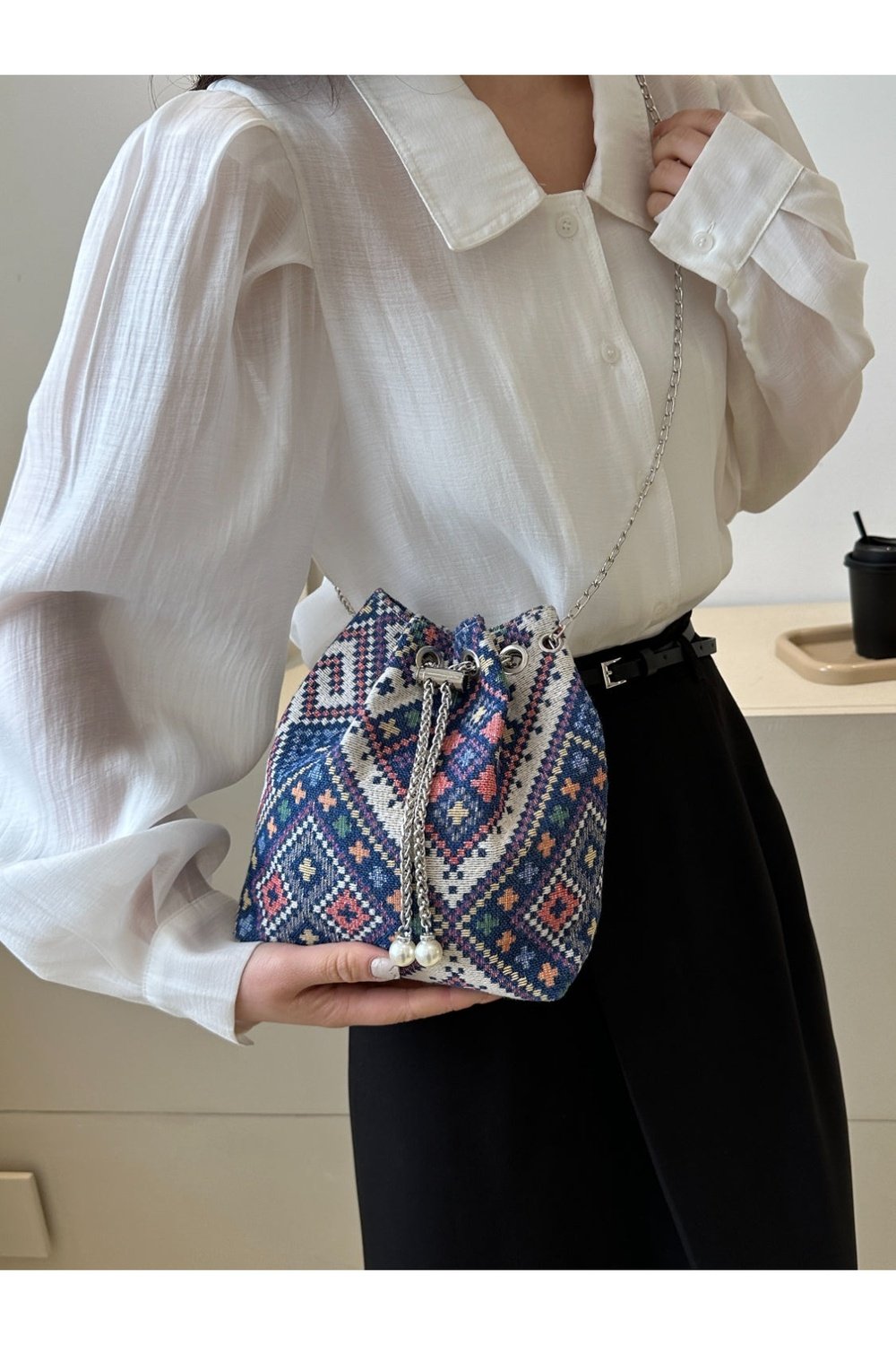 Printed Chain Bucket Bag