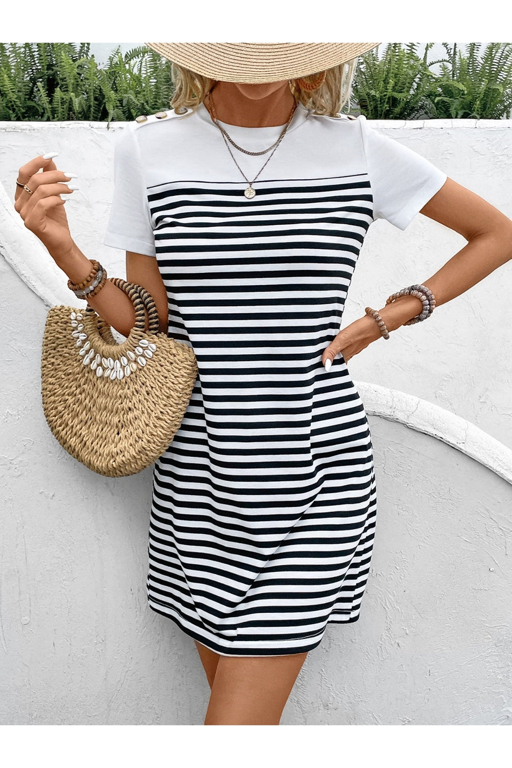 Striped Round Neck Short Sleeve Mini Tee Dress