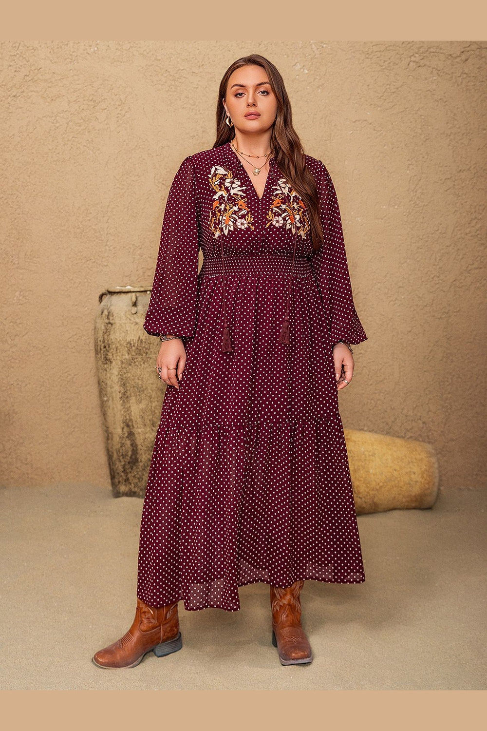 Plus Size Embroidered Polka Dot Tie Neck Long Sleeve Midi Dress