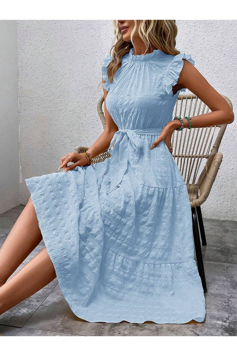 Tied Ruffled Cap Sleeve Midi Dress