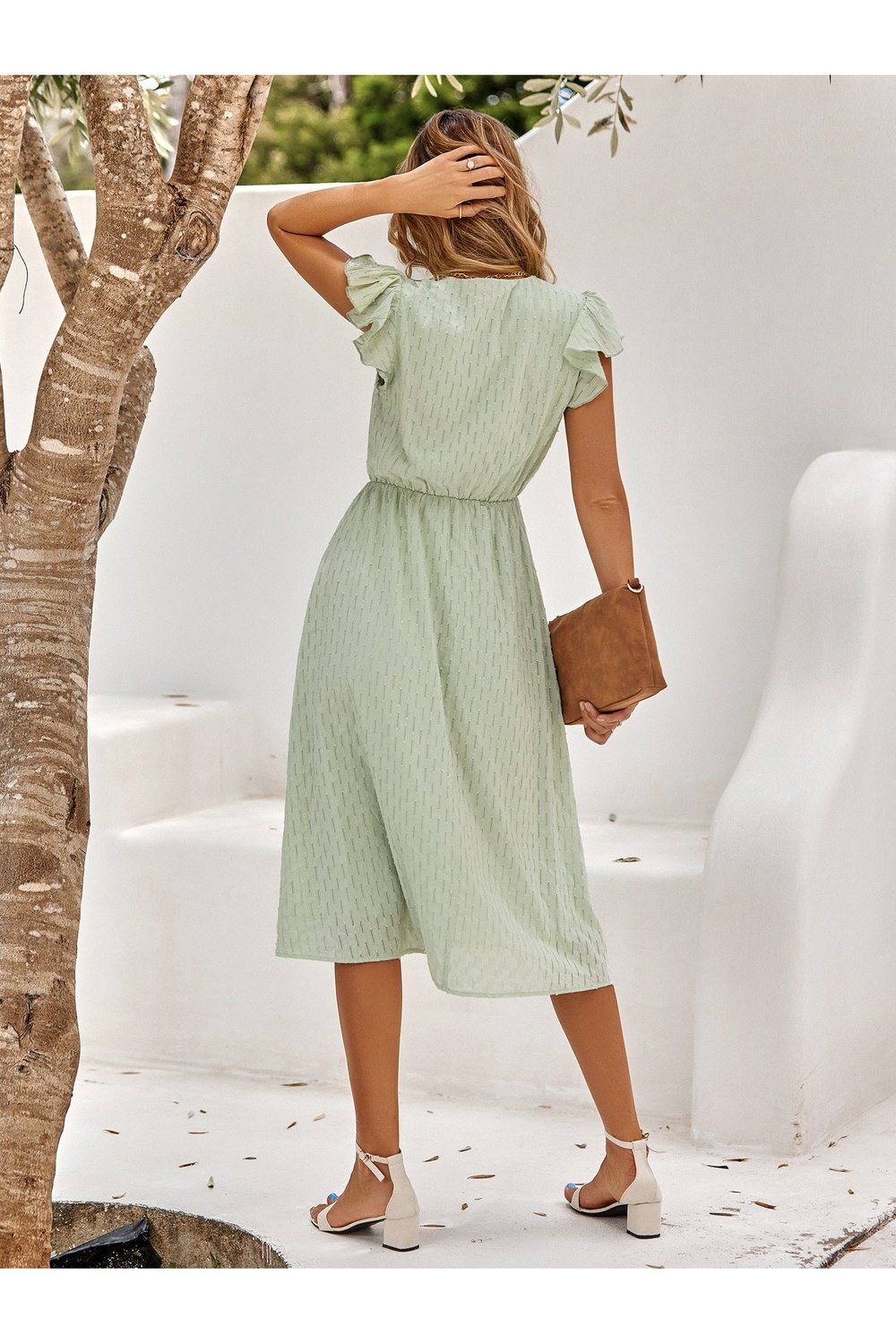 V-Neck Flutter Sleeve Midi Dress