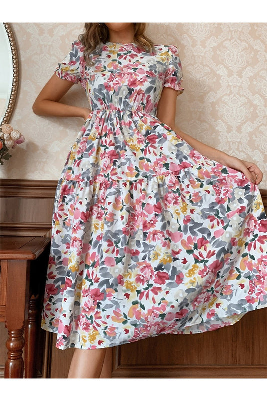 Floral Round Neck Short Sleeve Midi Dress