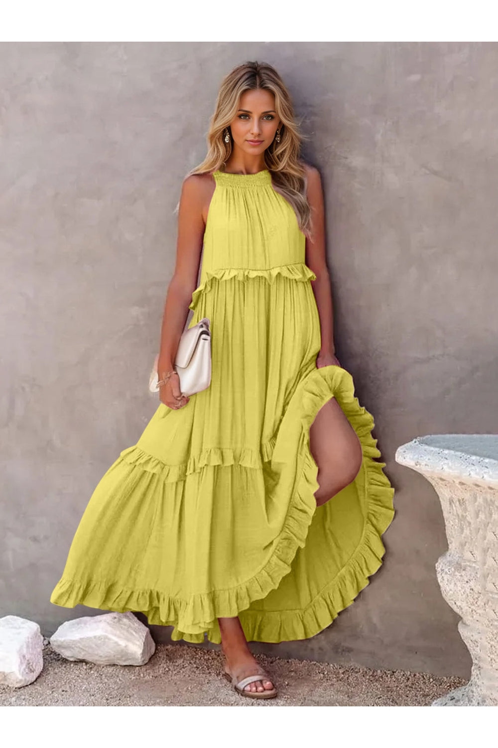 Ruffled Sleeveless Tiered Maxi Dress with Pockets