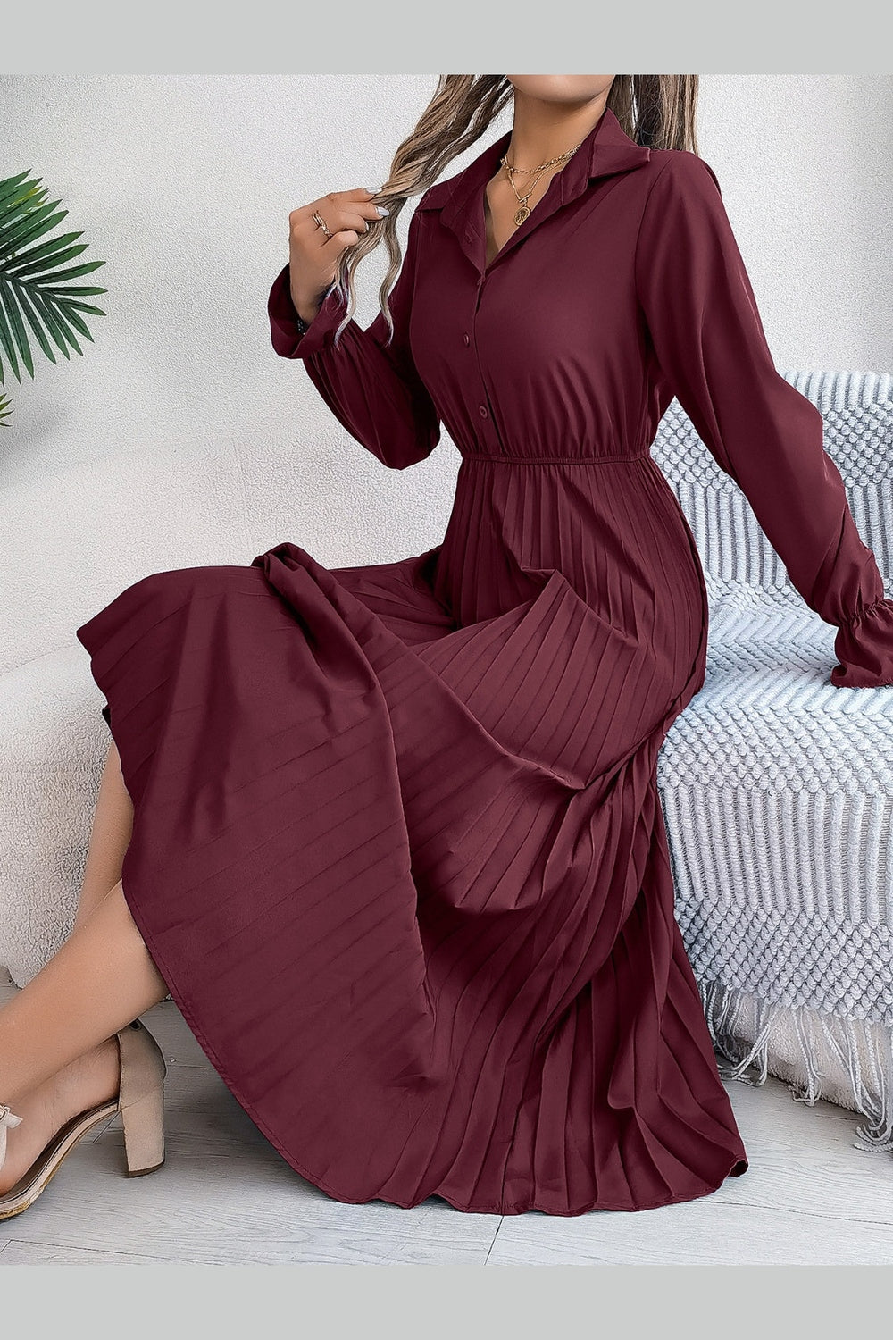 Pleated Half Button Long Sleeve Midi Dress