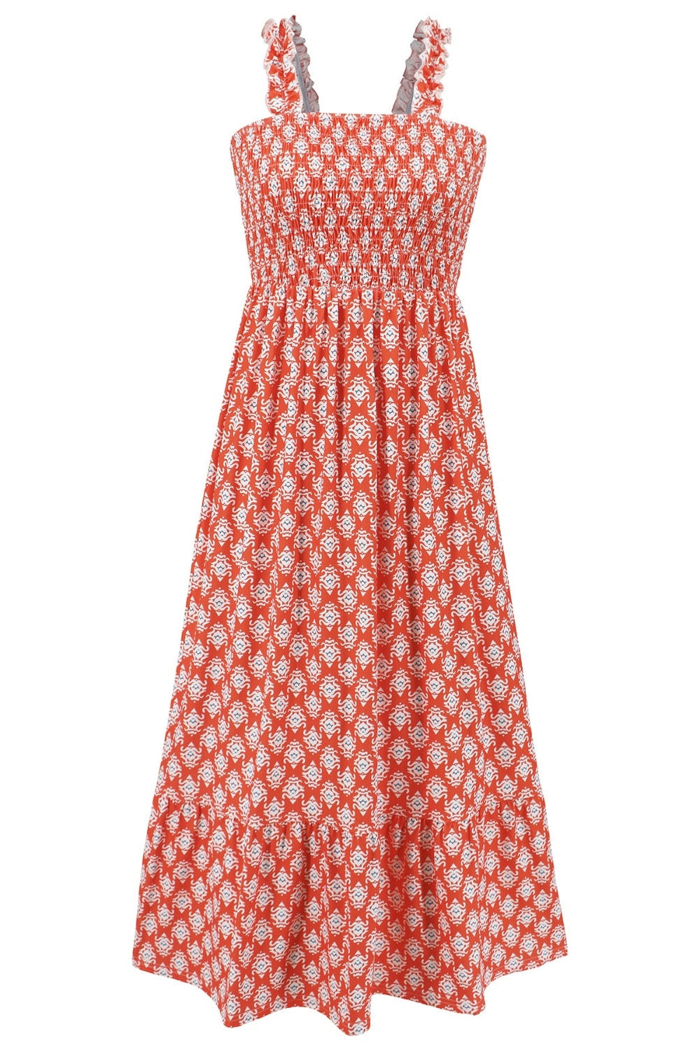 Smocked Printed Square Neck Sleeveless Dress