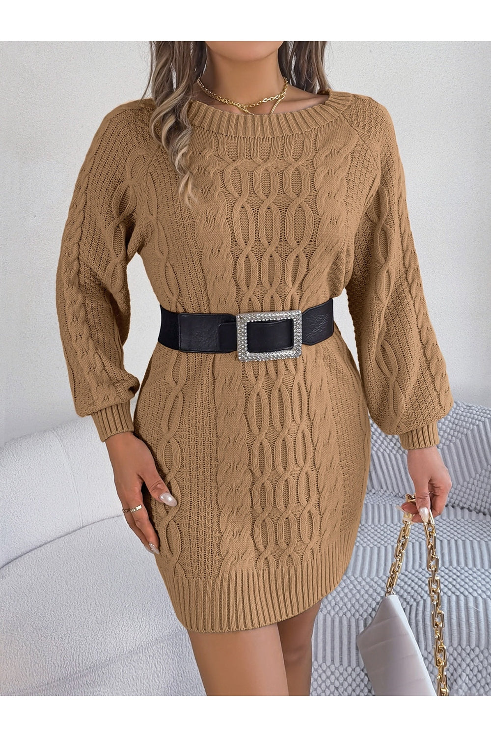 Cable-Knit Round Neck Sweater Dress