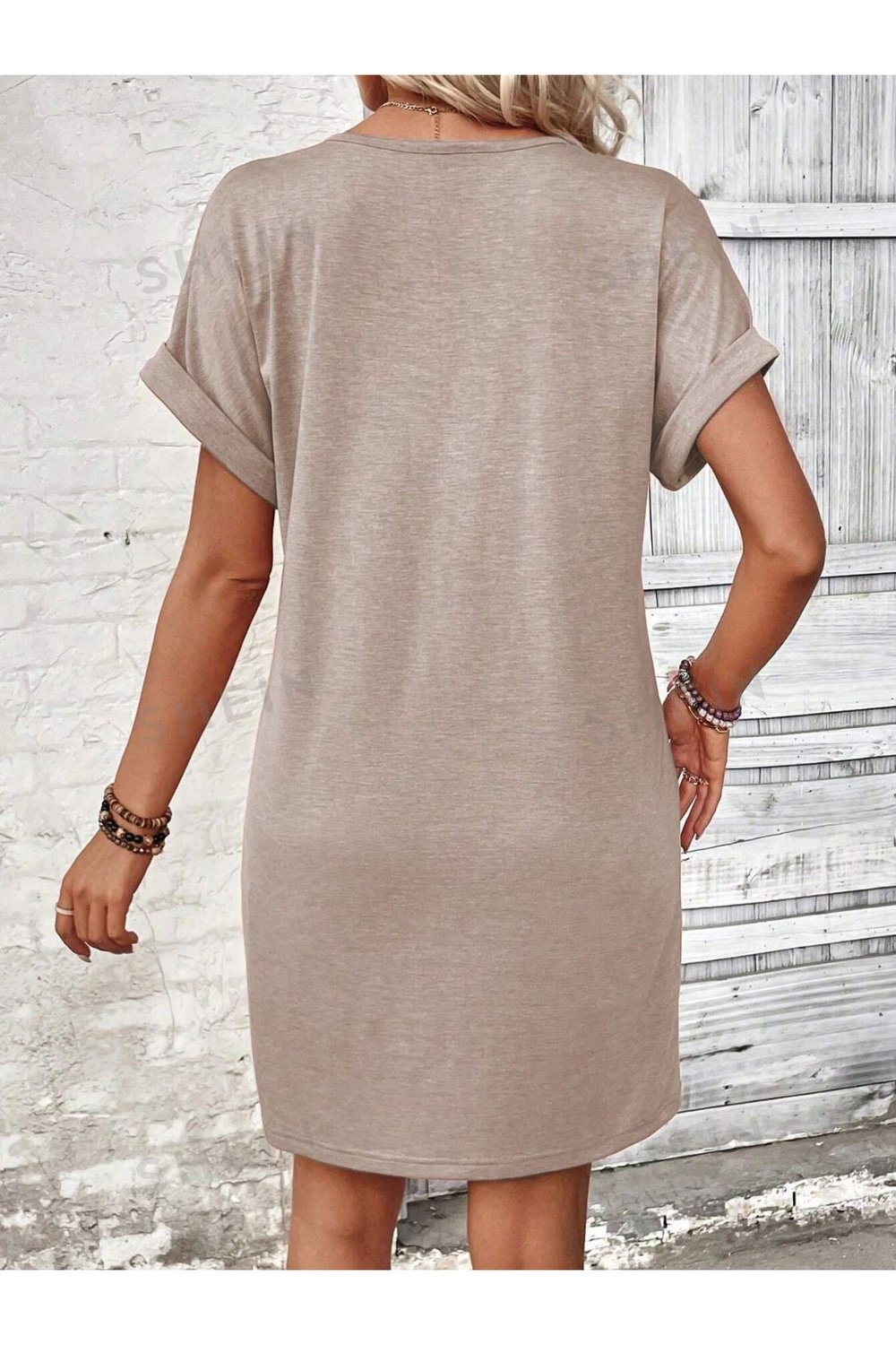 Quarter Button V-Neck Short Sleeve Dress