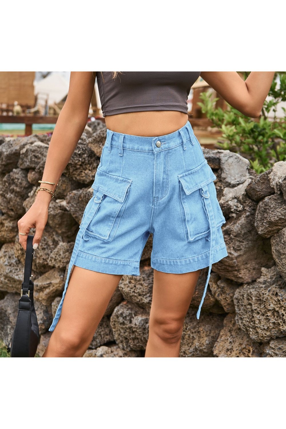 High Waist Denim Cargo Shorts