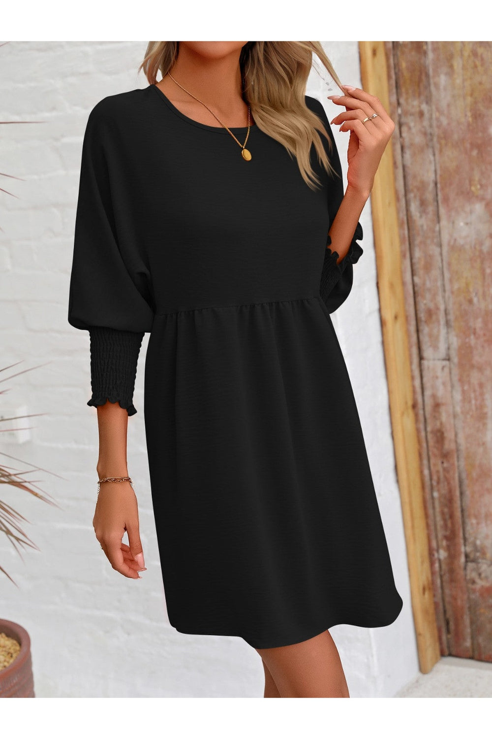 Round Neck Lantern Sleeve Mini Dress